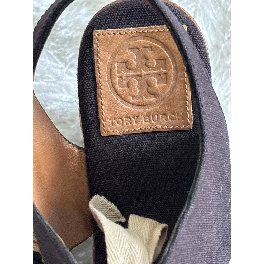 Tory Burch Linley Lace Up Espadrille Wedge Sandals Black Canvas Chevron Platform